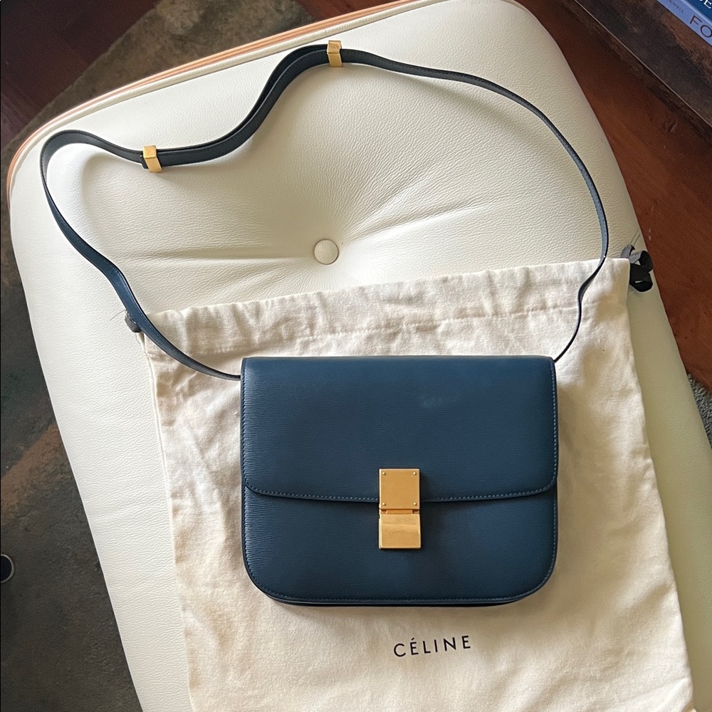 Céline Box Purse in Blue Grained Leather